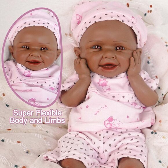 19.49in Full Silicone Non Vinyl dark Brown Smiling Baby Dolls BOY Reborn Doll - Picture 3 of 7